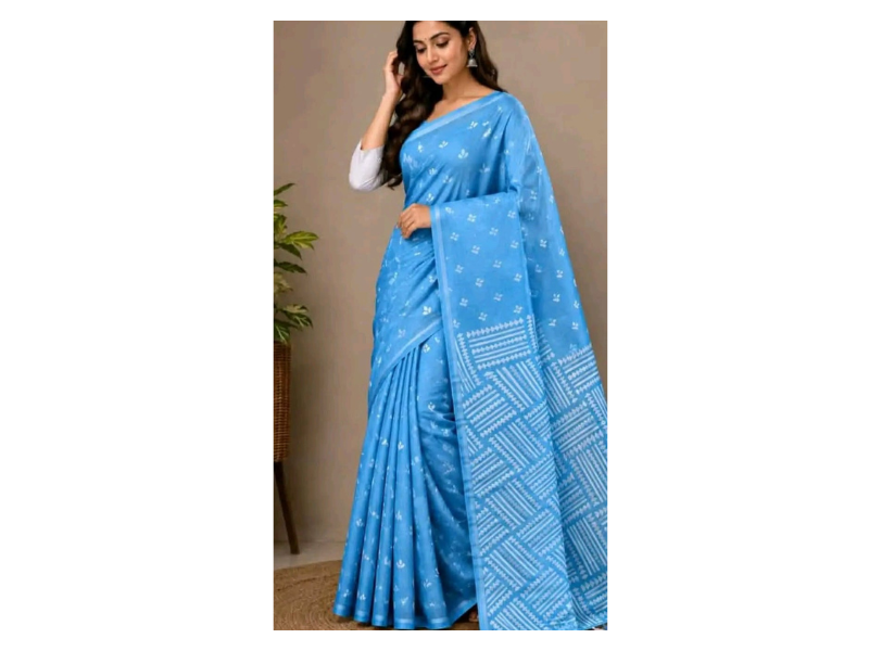Half Silk Screen Print Saree - Image 4