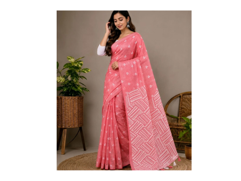 Half Silk Screen Print Saree - Image 3